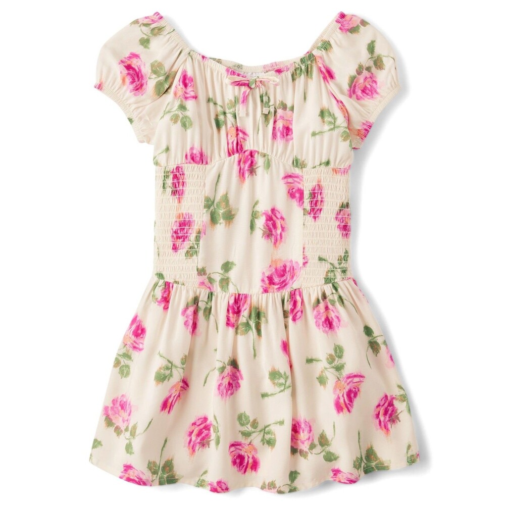 The Children's Place Girls Smocked Dress Short Sleeve Floral Ivory Pink XL NWT
